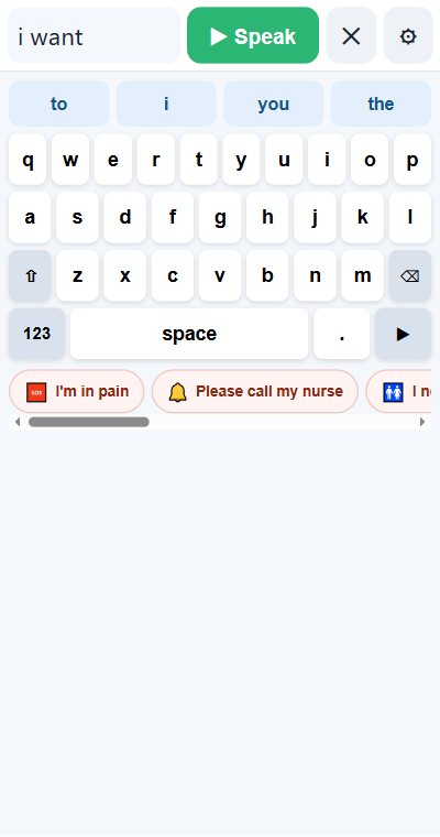 PicTalk keyboard mode with word predictions and quick phrases