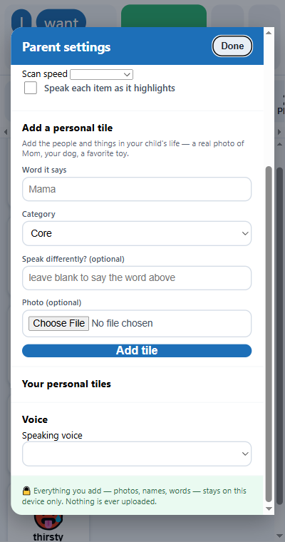 The parent settings panel showing the Add a personal tile form