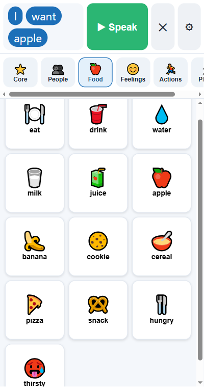 PicTalk showing the words I, want, apple in the sentence bar
